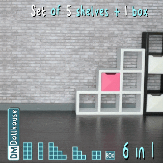 1 12 échelle miniature étagère unité ensemble 5 boîte étagères stl fichier 3d impression maison poupées meubles modèle dossiers minniature poupée boîtes chambre Barbie bibliothèque livres moderne mini futniture 3d print model - Mito3D