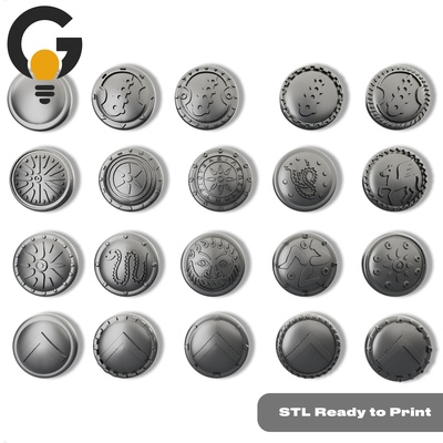 20 greek shields - stl models art spartan shield ancient armor 3d printed cosplay corinthian mythological historical prop collection print one-piece replica tabletop gaming g 3d print model - Mito3D