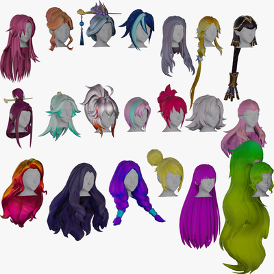 20 stilize kadın saç modeller paketlemek 2 poli kesmek kesimi karikatür stil 3d oyun varlık hazır model baş temel insan anatomi şekil detaylı gerçekçi anime 3d print model - Mito3D