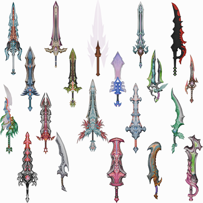 20 stylized sword models pack 4 - poly game 3d asset ready model human figure detailed lowpoly knife weapon blade axe claymore design quality 3d print model - Mito3D