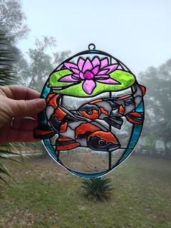 2 koi pond lily sun catcher stained glass art resin 3d print model - Mito3D