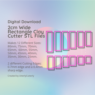 2cm wide rectangle clay cutter - stl digital file download- 12 sizes 2 versions earrings pendant barrette Jewelry earring polymer geometric embossed hexagon utterlycutterly utterly cutterly cookie fondant organic shape indie fashion 3d print model - Mito3D