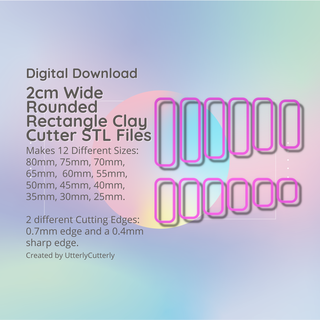 2cm wide rounded rectangle clay cutter - stl digital file download- 12 sizes 2 versions earrings pendant barrette Jewelry earring polymer geometric embossed hexagon utterlycutterly utterly cutterly cookie fondant organic shape indie fashion 3d print model - Mito3D