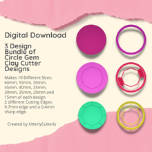 3 designs circle gem clay cutter - jewel stl digital file download- 10 sizes 2 versions earring polymer geometric embossed hexagon utterlycutterly utterly cutterly cookie fondant organic shape indie fashion 3d print model - Mito3D