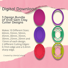 3 designs oval gem clay cutter - jewel stl digital file download- 10 sizes 2 versions earring polymer geometric embossed hexagon utterlycutterly utterly cutterly cookie fondant organic shape indie fashion 3d print model - Mito3D