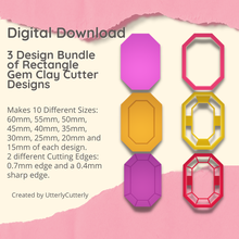3 designs rectangle gem clay cutter - jewel stl digital file download- 10 sizes 2 versions earring polymer geometric embossed hexagon utterlycutterly utterly cutterly cookie fondant organic shape indie fashion 3d print model - Mito3D