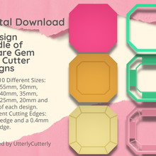 3 designs square gem clay cutter - crystal stl digital file download- 10 sizes 2 versions earring polymer geometric embossed hexagon utterlycutterly utterly cutterly cookie fondant organic shape indie fashion 3d print model - Mito3D