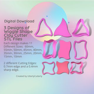 3 designs wiggle shapes clay cutter - modern stl digital file download- 11 sizes 2 versions earrings pendant barrette earring polymer geometric embossed hexagon utterlycutterly utterly cutterly cookie fondant organic shape indie fashion 3d print model - Mito3D