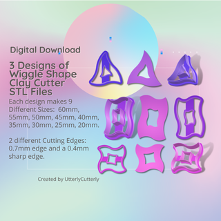 3 designs wiggle shapes clay cutter - modern stl digital file download- 9 sizes 2 versions earrings pendant barrette earring polymer geometric embossed hexagon utterlycutterly utterly cutterly cookie fondant organic shape indie fashion 3d print model - Mito3D