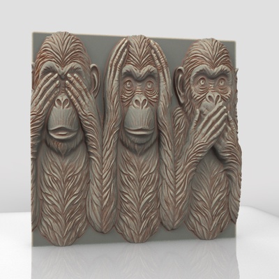 3 singe décor art stl 3d modèle singes bas relief 3monkeys buste mur dekor ventilateur sculptures bustes cnc routeur animal mignonne impression soulagement 3d print model - Mito3D