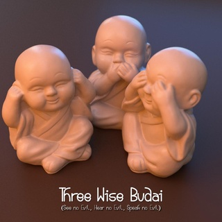3 wise budai jolly buddha see hear speak evil monkeys fat laughing garden statue sculpture toy set decorative 3d print model - Mito3D