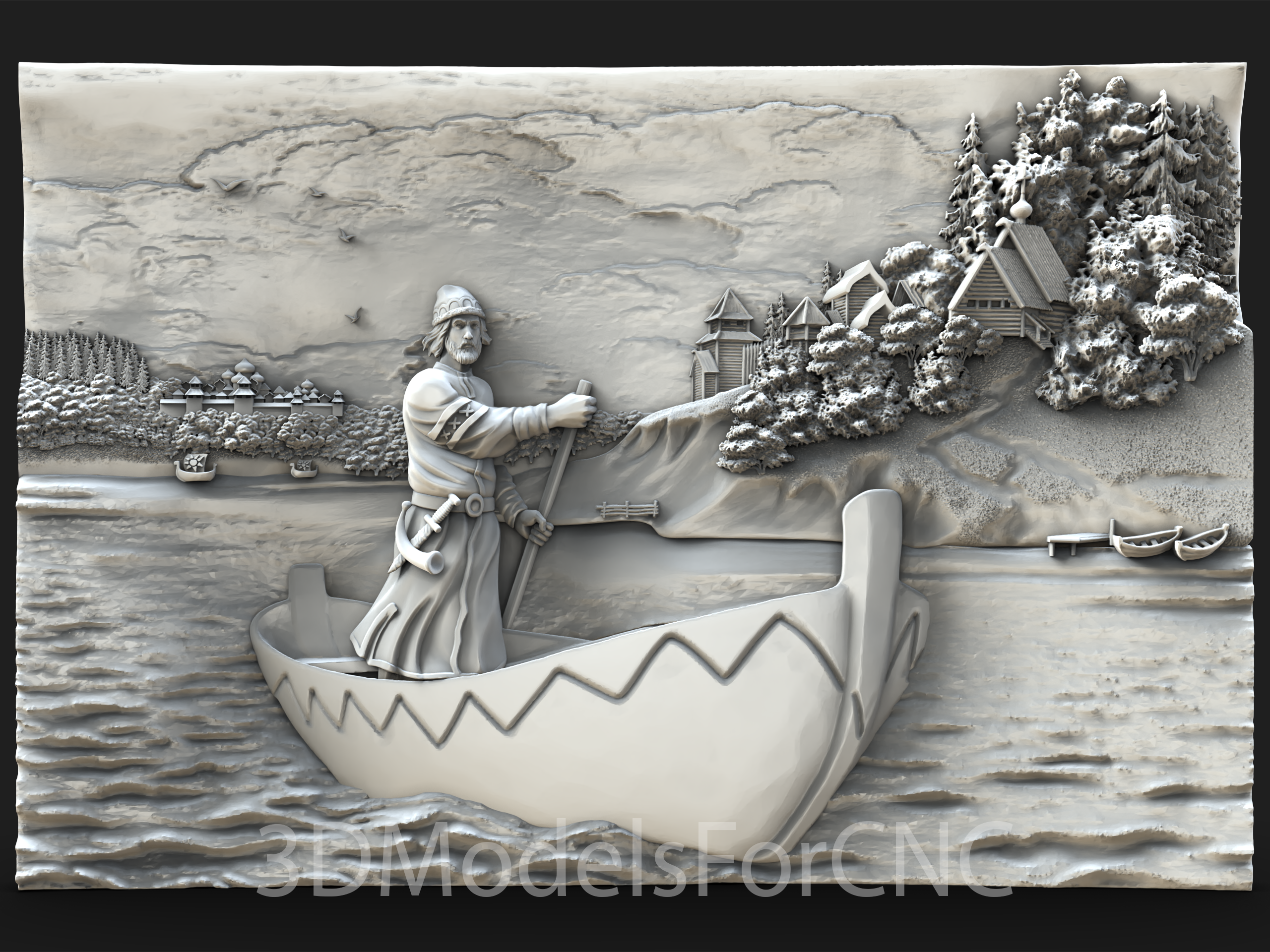 3d model stl file cnc router laser & printer grandfather mazai boat Art houses landscape travel and the hares village lake trees 3D print model - Mito3D