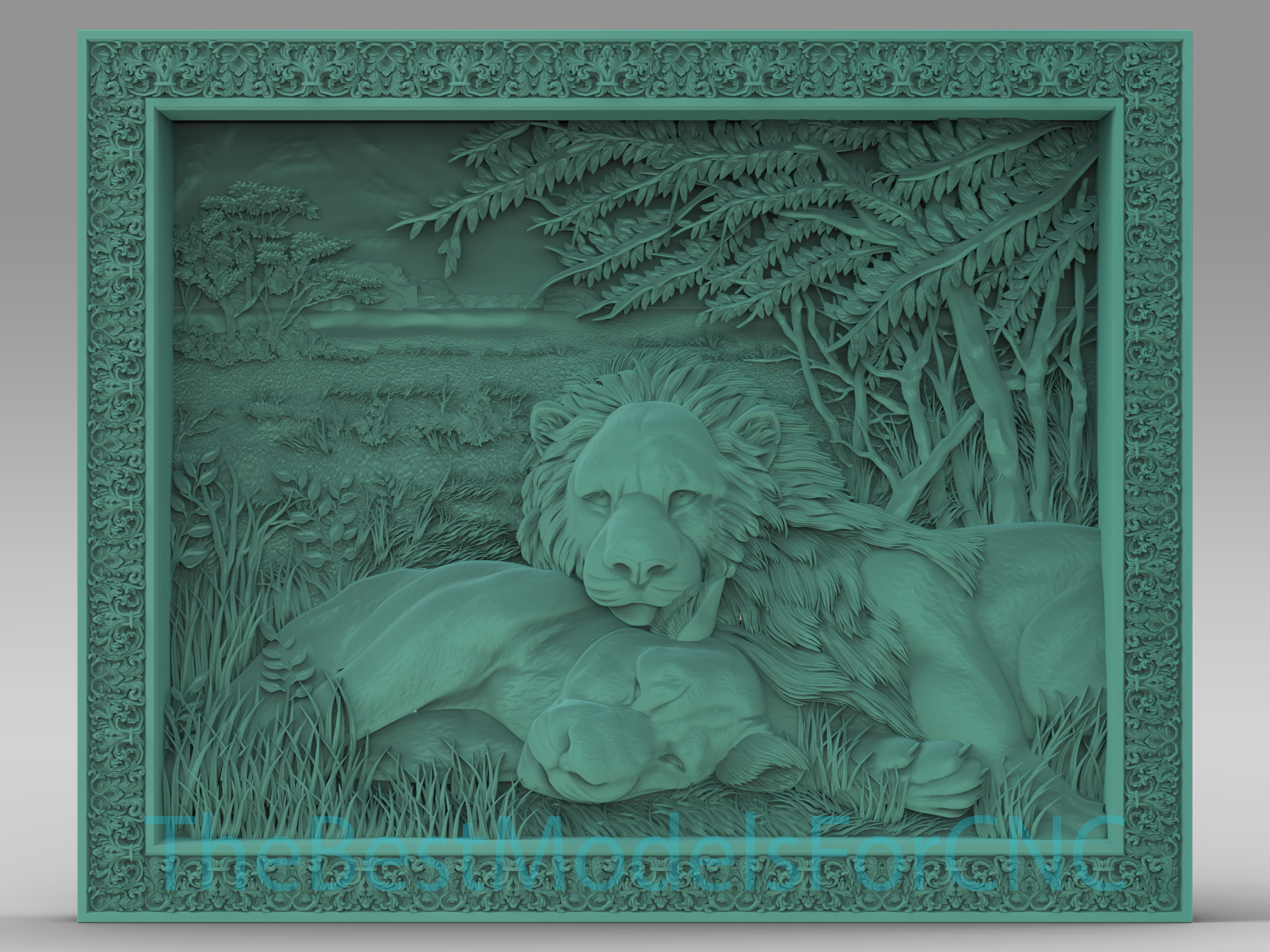 3d modèle stl fichier cnc routeur laser imprimante Lion lionne train dormir paysage 3D print model - Mito3D