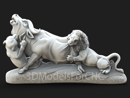 3d modèle stl fichier cnc routeur laser imprimante Lions chasse buffle Lion animal lionne 3d print model - Mito3D