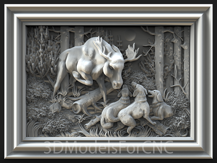 3d model stl file cnc router laser & printer moose fighting dogs animals forest battle trees woods trunk moon 3d print model - Mito3D