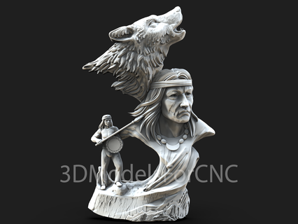 3d model stl file cnc router laser & printer native american wolf animal indian man shield spear warrior 3d print model - Mito3D