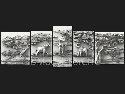 3d modelo stl Arquivo cnc roteador laser impressora políptico elefantes 5 painéis animais painel savana selvagem 3d print model - Mito3D