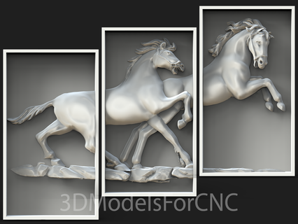 3d model stl file cnc router laser & printer polyptych horses 3 panels animals panel 3d print model - Mito3D