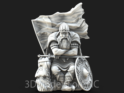 3d modelo stl expediente cnc enrutador láser impresora descansando vikingo guerrero bandera nórdico espada proteger casco barba hombre 3d print model - Mito3D