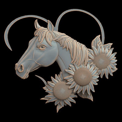 3d model stl file cnc router laser & printer 2418 horse in sunflowers art 2418 bas-relief relief printing 3d print model - Mito3D