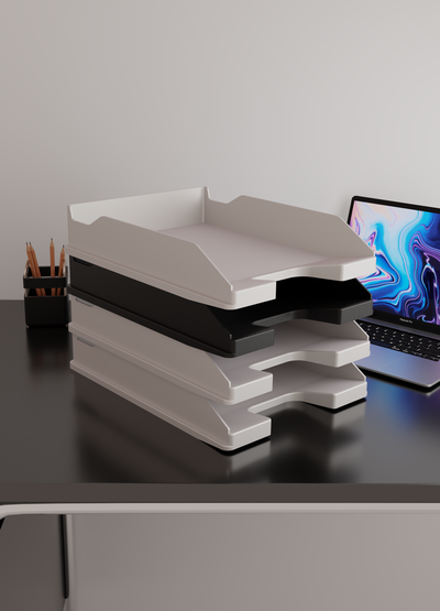 3d kağıt organizatör verimlilik stil ofis modern minimalist siyah beyaz depolama evrak işi çalışma alanı organizasyon rafine tasarım istiflenebilir tepsiler ev ekipman karanlık masa tepsi kolay giriş belgeler gereçler 3d print model - Mito3D