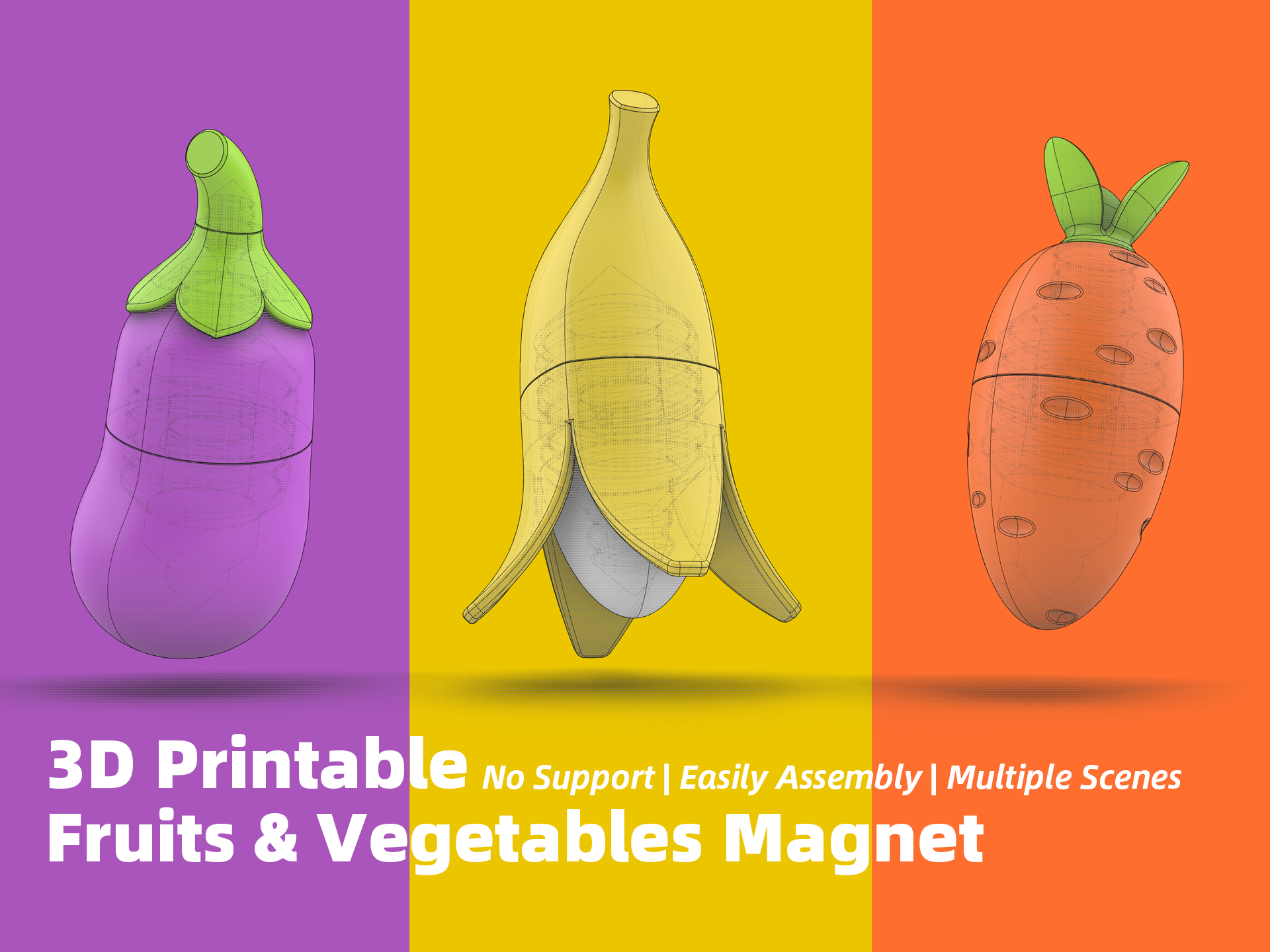 3d imprimable fruits légumes aimant Accueil maison banane fruit décor carotte aubergine tableau blanc monter crochet 3D print model - Mito3D