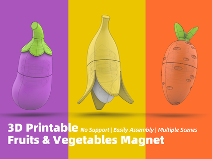 3d imprimible frutas vegetales imán hogar casa plátano Fruta decoración Zanahoria berenjena pizarron montar gancho 3d print model - Mito3D