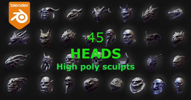 45 heads high poly sculpts face body monster horror kitbash pack demon orc ogre troll anatomy zombie dragon fishman 3d print model - Mito3D