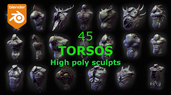 45 Torsos poly formt Körper Monster Grusel Kitbash Pack Dämon Ork Oger Troll Anatomie Zombie Drachen Fischmann 3d print model - Mito3D