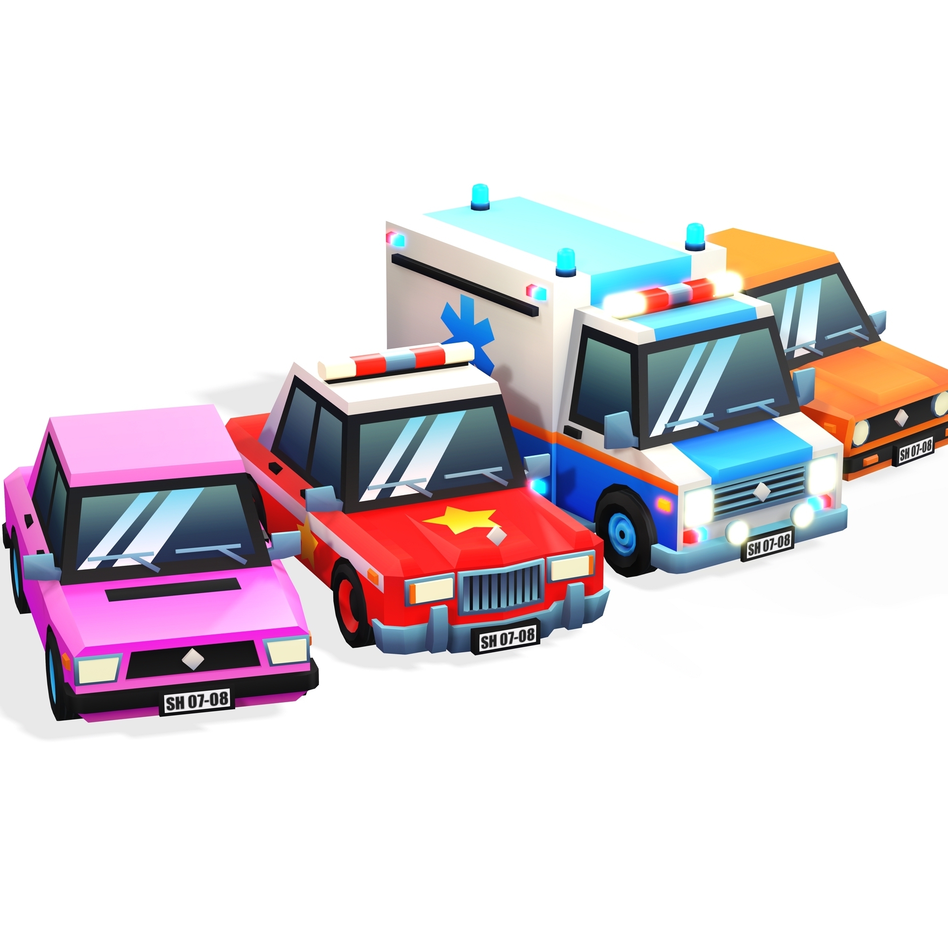 4 dessin animé voitures collection poly voiture ambulance police sedan hayon roues 3D print model - Mito3D