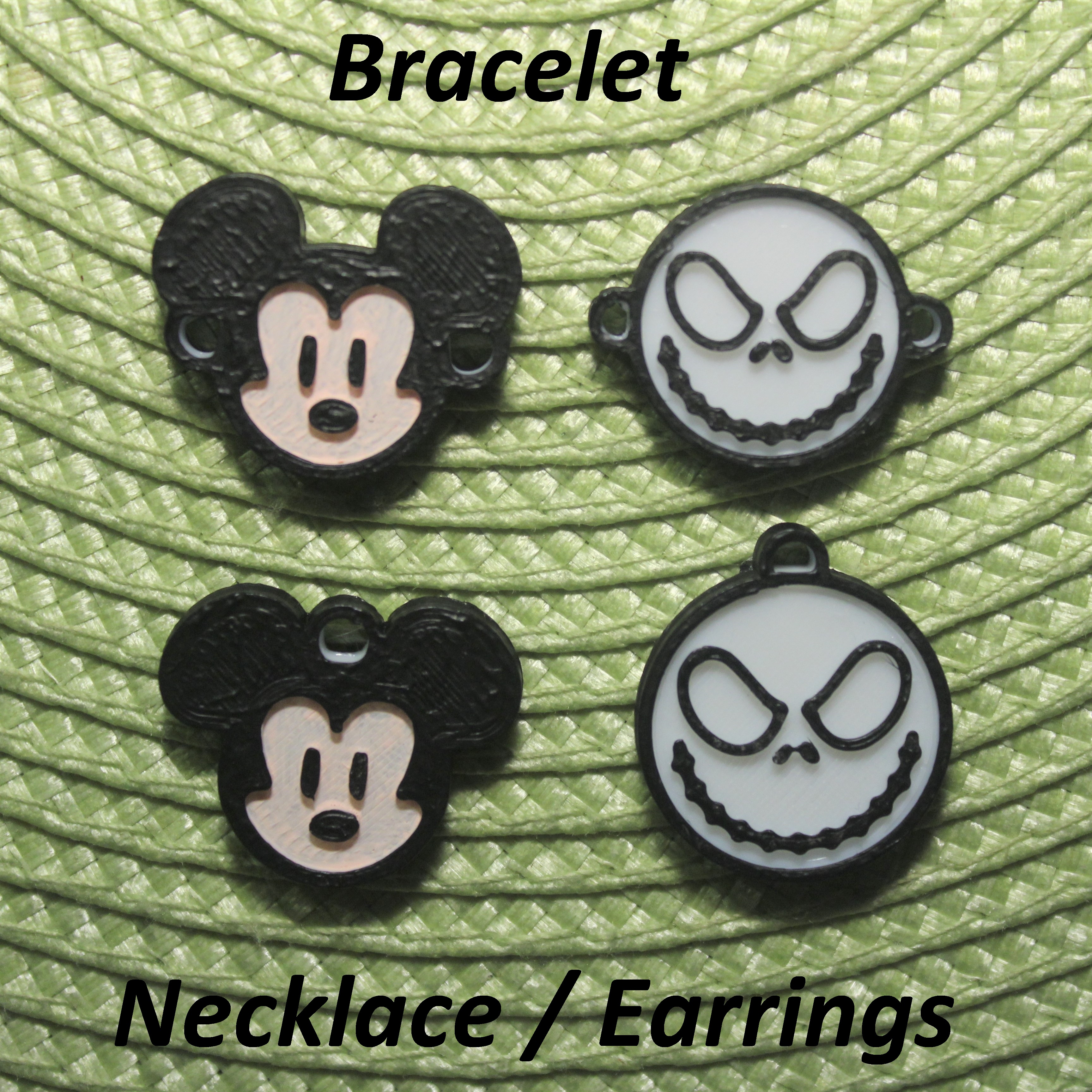 4 disney 2 colliers bracelets boucles d'oreilles bijoux bracelet Collier boucle d'oreille oreilles cou sangle pendentif art noir blanc ligne porte clés Mickey point jack Skellington Minnie 3D print model - Mito3D