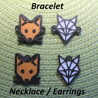 4 fox necklaces bracelets earrings jewelry bracelet necklace earring ears neck strap pendant art black white line animal geometrical 3d print model - Mito3D