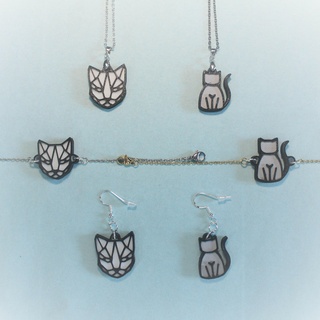 4 necklaces bracelets earrings jewelry cats bracelet necklace earring ears neck strap pendant art black white cat dog dogs geometrical line pet animal 3d print model - Mito3D