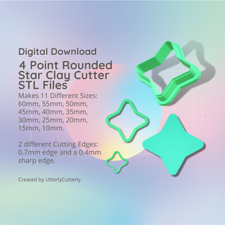 4 point rounded star clay cutter - celestial stl digital file download- 11 sizes 2 versions earrings studs pendant barrette earring polymer geometric embossed hexagon utterlycutterly utterly cutterly cookie fondant organic shape indie fashion 3d print model - Mito3D