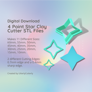 4 point star clay cutter - celestial stl digital file download- 11 sizes 2 versions earrings studs pendant barrette earring polymer geometric embossed hexagon utterlycutterly utterly cutterly cookie fondant organic shape indie fashion 3d print model - Mito3D