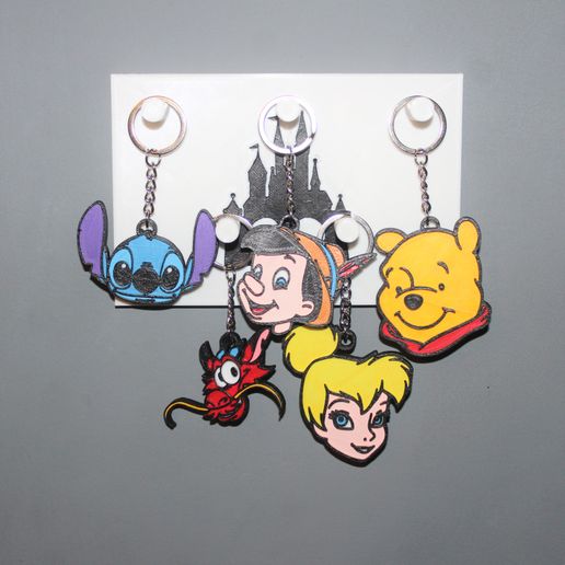 5 disney keychain pixar key movie character stitch tinker bell mushu pinochio winnie the pooh 3D print model - Mito3D