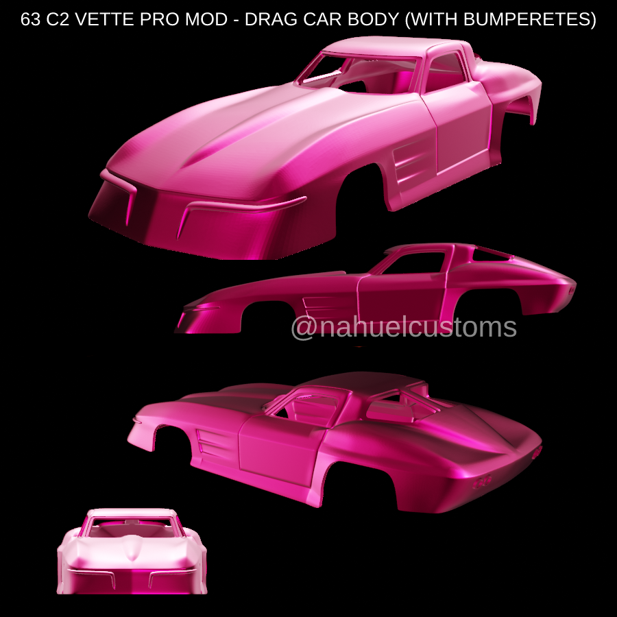 63 c2 vette pro mod - drag car body bumperetes racing 1963 corvette rc r c slot diecast custom model kit modified 3D print model - Mito3D