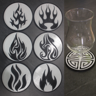 6 coaster tribal fire Home under glass drink water art decoration black and white nature element flame 3d print model - Mito3D