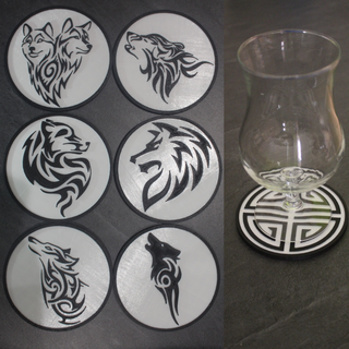 6 coaster tribal wolf Home under glass drink water art decoration black and white animal wolves dog husky 3d print model - Mito3D