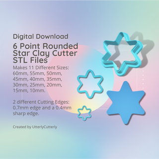 6 point rounded star clay cutter - celestial stl digital file download- 11 sizes 2 versions earrings studs pendant barrette earring polymer geometric embossed hexagon utterlycutterly utterly cutterly cookie fondant organic shape indie fashion 3d print model - Mito3D
