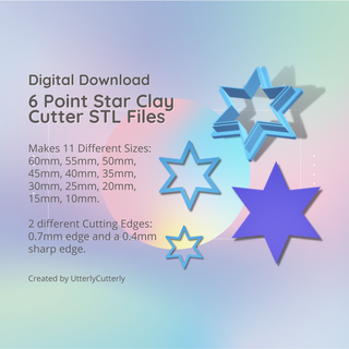 6 point star clay cutter - celestial stl digital file download- 11 sizes 2 versions earrings studs pendant barrette earring polymer geometric embossed hexagon utterlycutterly utterly cutterly cookie fondant organic shape indie fashion 3d print model - Mito3D