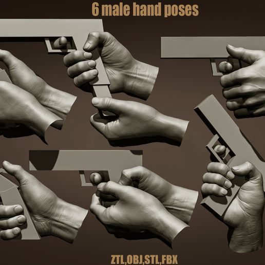 6 shooting male hand poses 3D print model - Mito3D