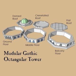 6mm & 8mm modular gothic octagonal tower 3d print model - Mito3D