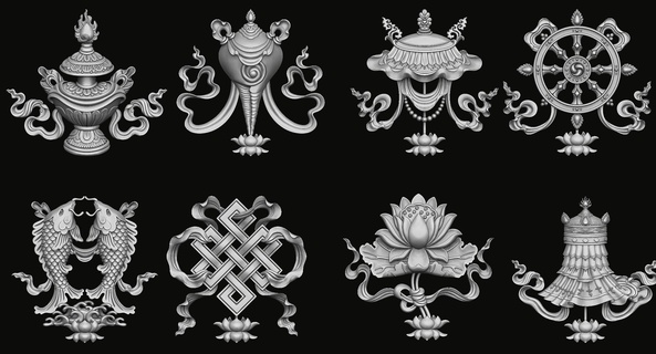 8 buon auspicio simboli buddismo 3d modello arte buddha decorazione scultura gioielleria religione arredamento oro argento legna Dio ornato sculture guanyin 3d print model - Mito3D