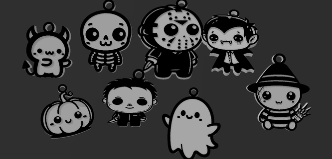 8 cute halloween horror keychains spooky keychain chibi jason michael myers skeleton ghost necklace freddy vampire jack-o-lantern little devil 3d print model - Mito3D
