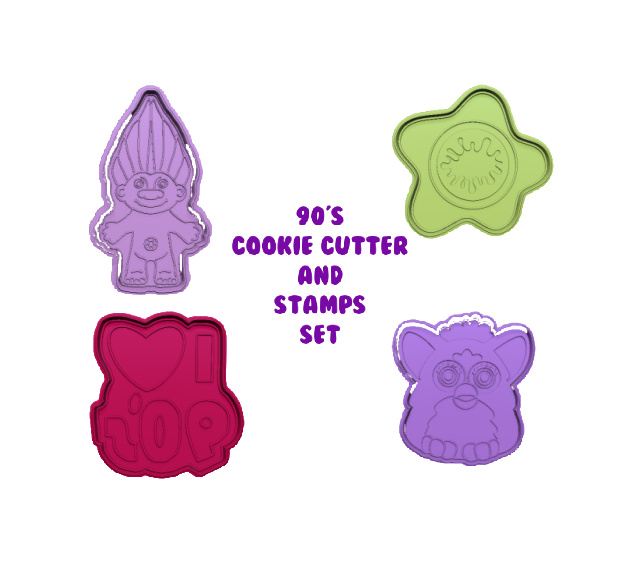 90's Galleta cortadores sello conjunto cortador 90s juguetes sellos Furby Troll muñeca 3D print model - Mito3D
