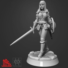 adventurer - female fighter game human woman girl sword shield dungeons party roleplay rpg warhammer miniature tabletop d&d ageofsigmar aos dungeonsanddragon 3d print model - Mito3D