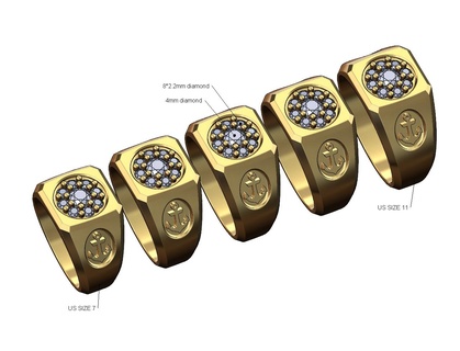 Anker Seiten Diamant Cluster Signet Ring us Größen 7 11 3d drucken Modell Boot Meer Schiff Schmuck Gold Silber druckbar Herren Aussage Mode Luxus 3d print model - Mito3D