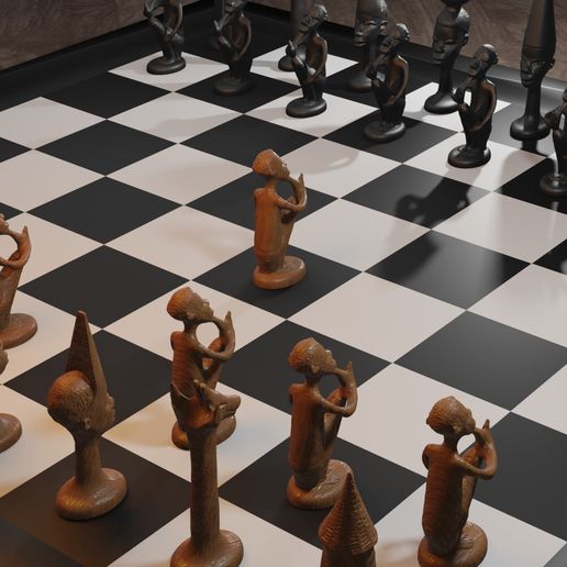 uralt afrikanisch Schach Spiel Afrika Teile Stücke König Dame Königin Turm Pferd Peon Pfand Gambit 3D print model - Mito3D
