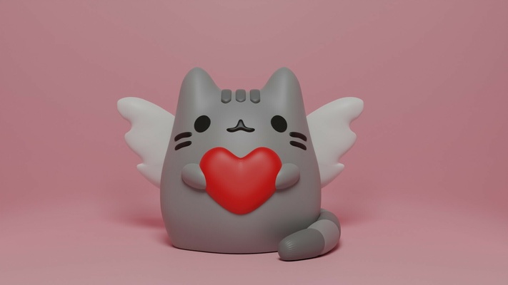 angelic pusheen heart - no support valentines 2024 cat day hearth month angel 3d print model - Mito3D